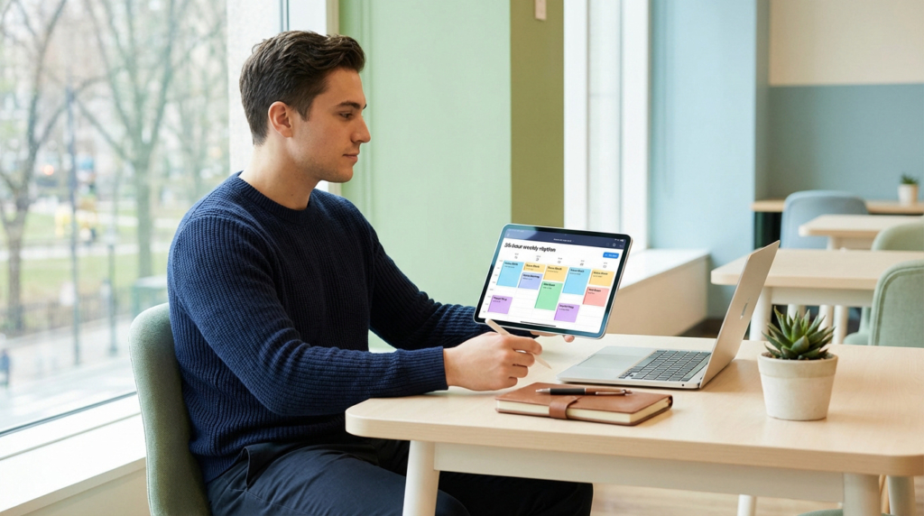 Jeune homme organisant son emploi du temps d'alternance de 35h sur une tablette dans un espace lumineux. Laptop et carnet sur la table.