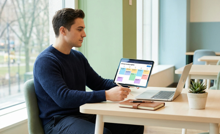 Jeune homme organisant son emploi du temps d'alternance de 35h sur une tablette dans un espace lumineux. Laptop et carnet sur la table.