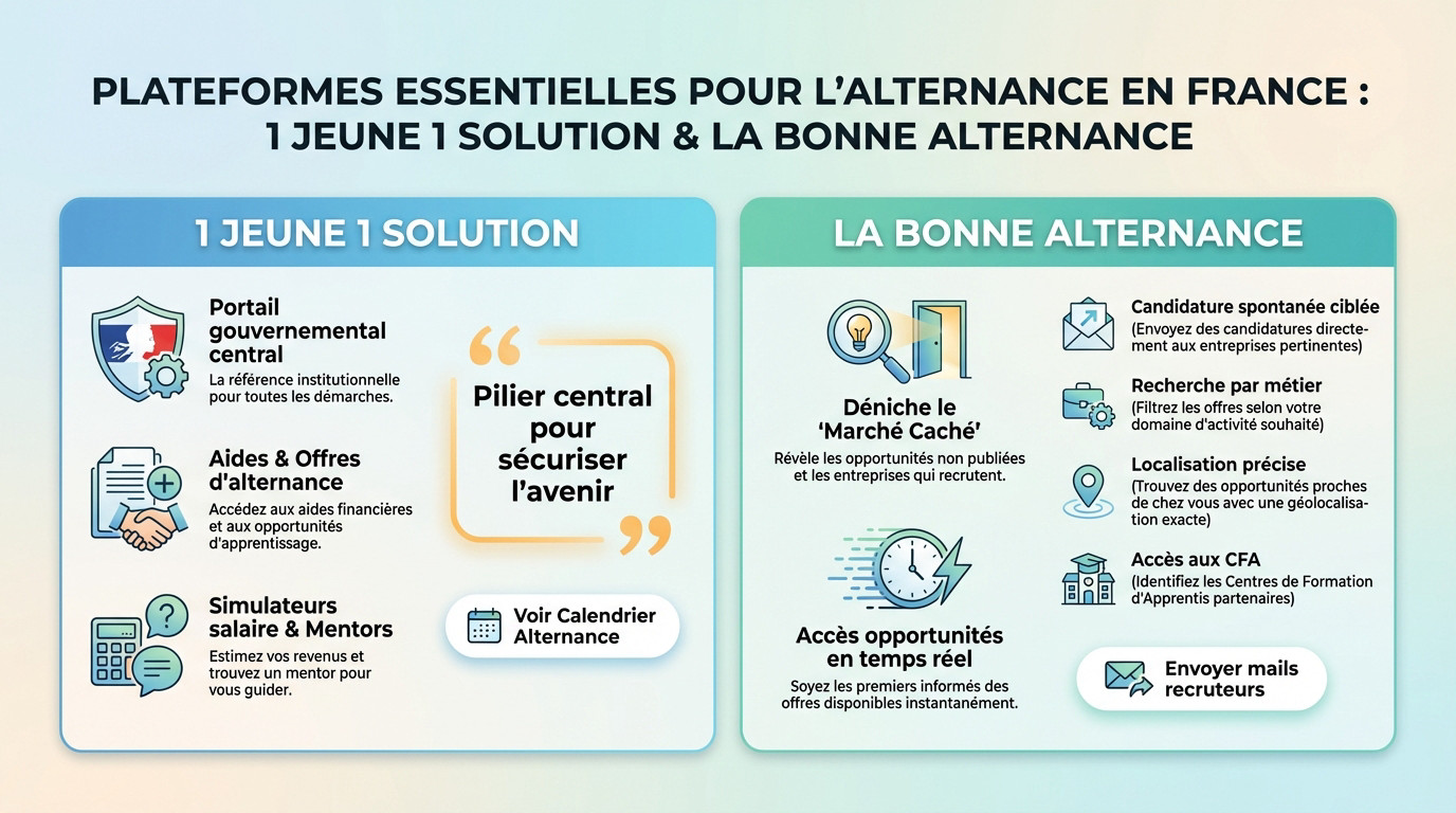 Interface des plateformes 1jeune1solution et La Bonne Alternance pour la recherche d'emploi