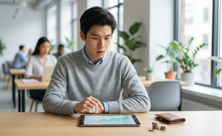 Jeune homme analysant un graphique financier sur tablette, avec pièces et portefeuille sur son bureau, en contexte d'apprentissage.