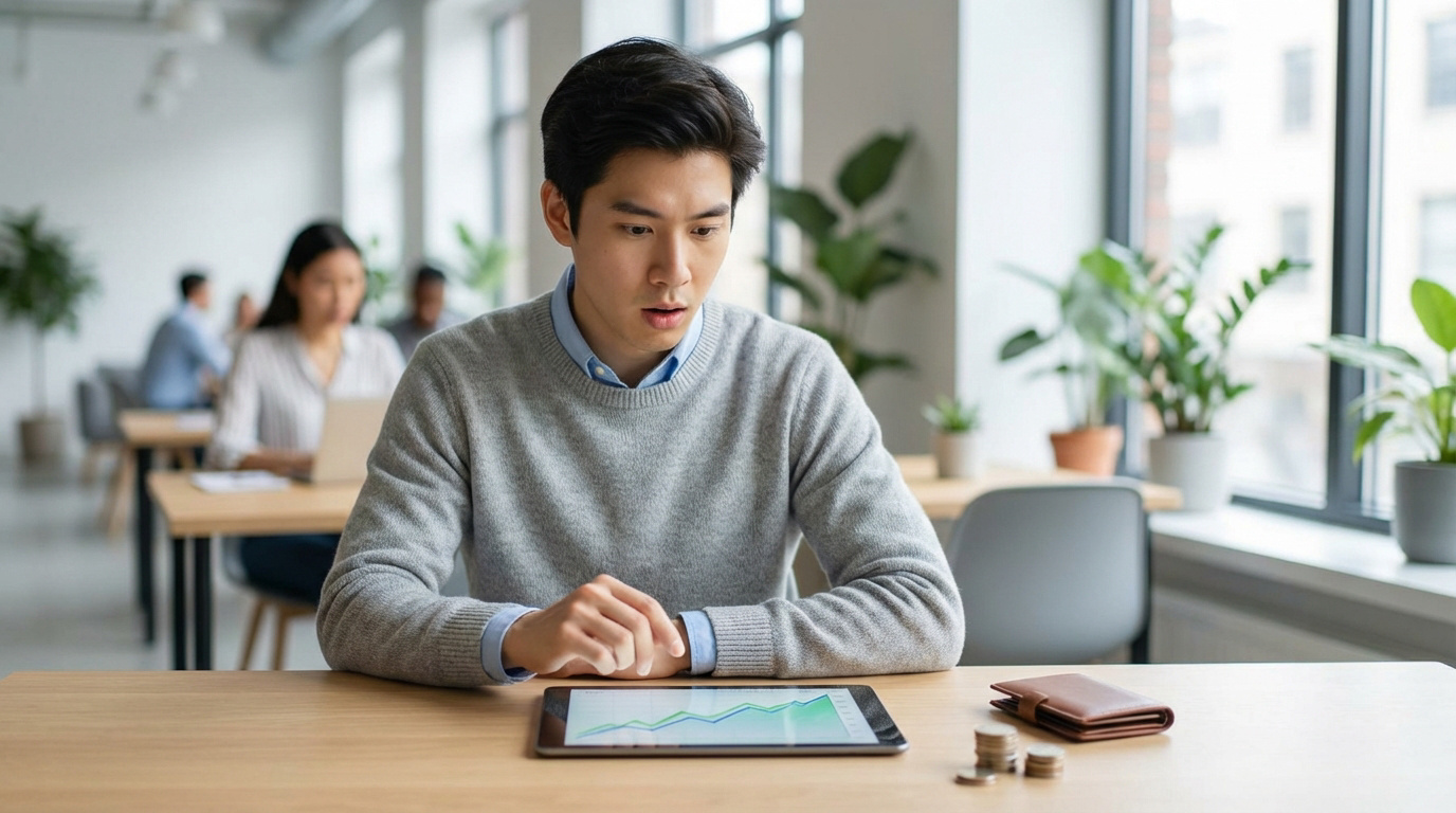 Jeune homme analysant un graphique financier sur tablette, avec pièces et portefeuille sur son bureau, en contexte d'apprentissage.