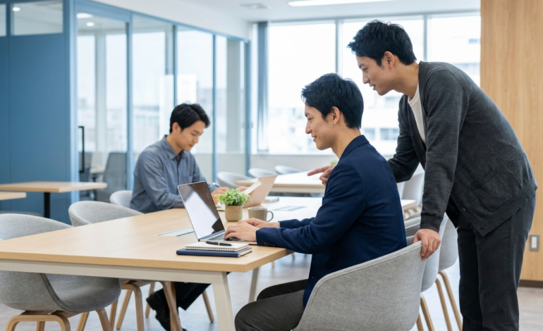 Three professionals in a bright, modern office. Two collaborate on a laptop, one standing and pointing. A third works in background.