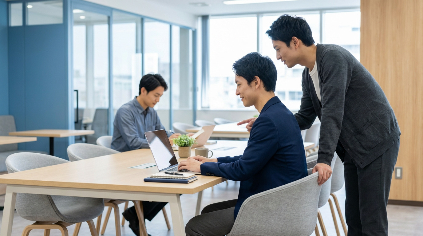 Three professionals in a bright, modern office. Two collaborate on a laptop, one standing and pointing. A third works in background.