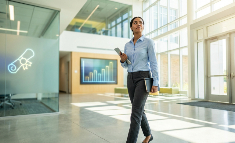 Femme professionnelle marchant dans un bureau moderne, entourée d'icônes de diplôme et de graphique de croissance symbolisant l'alternance.