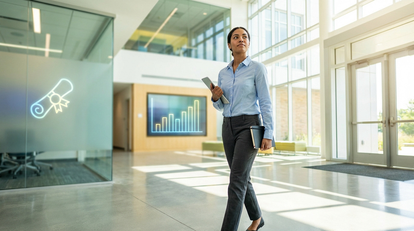 Young adult walks confidently in a bright modern lobby. A glowing graph and diploma symbol are in the background, signifying growth.