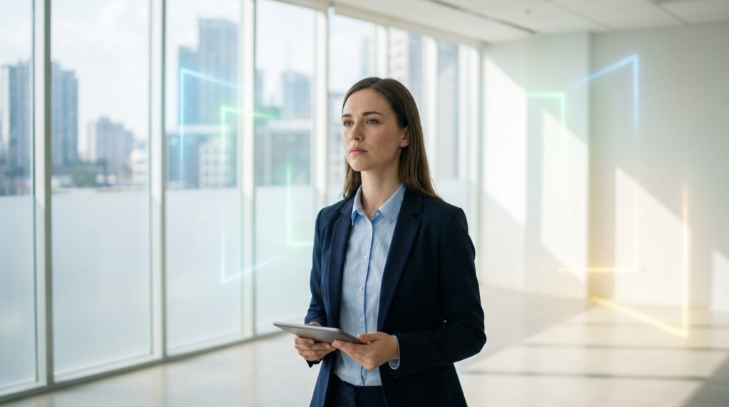 Young professional woman in business attire holding a tablet, looking forward in a bright modern office with glowing abstract lines symbolizing career progression.