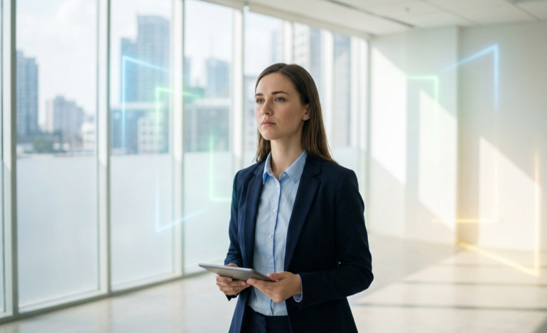 Young professional woman in business attire holding a tablet, looking forward in a bright modern office with glowing abstract lines symbolizing career progression.