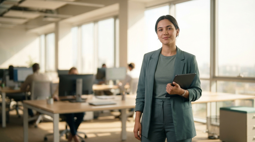 Jeune femme souriante en costume bleu-vert, tablette à la main, dans un bureau ouvert lumineux avec d'autres employés.
