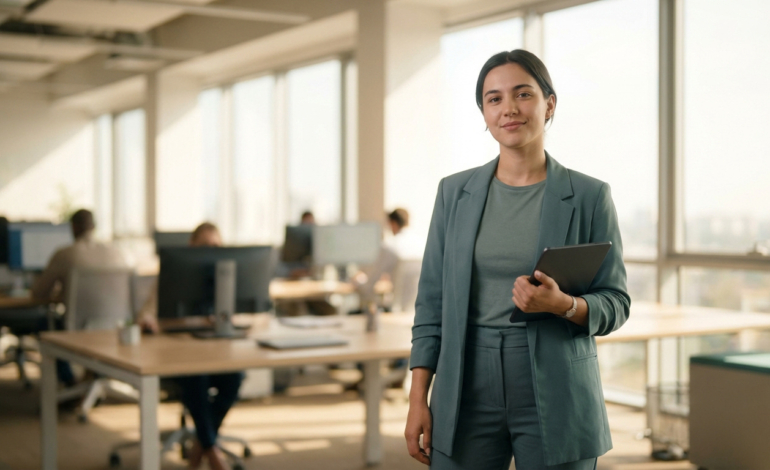 Jeune femme souriante en costume bleu-vert, tablette à la main, dans un bureau ouvert lumineux avec d'autres employés.
