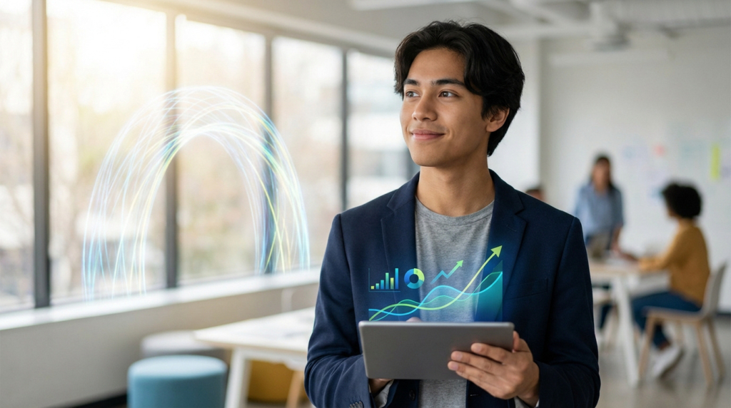 Jeune homme asiatique en blazer, tenant une tablette, visualise des graphiques holographiques de croissance et des arcs lumineux dans un bureau moderne.
