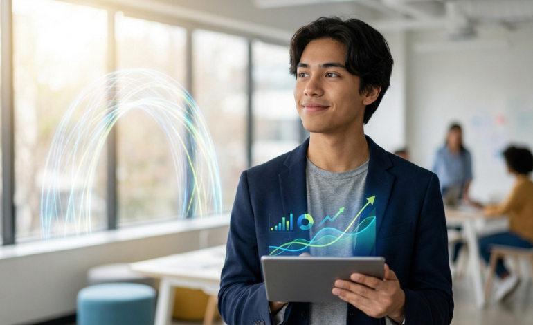 Jeune homme asiatique en blazer, tenant une tablette, visualise des graphiques holographiques de croissance et des arcs lumineux dans un bureau moderne.