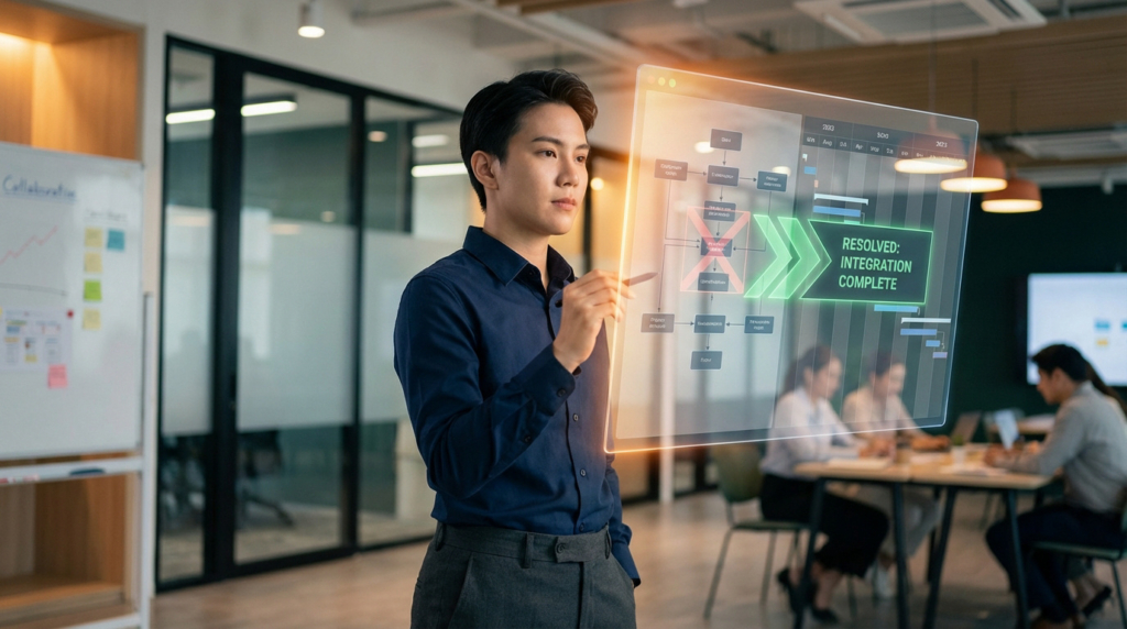 Jeune homme en chemise bleue manipulant un écran holographique affichant "Intégration complète" dans un bureau moderne.