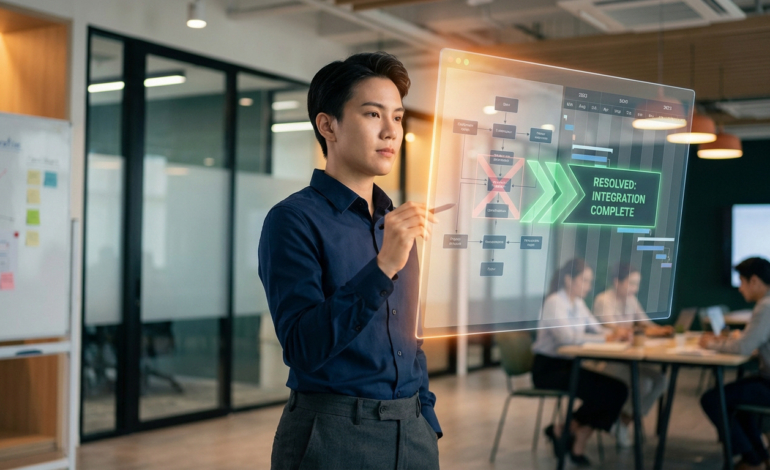 Jeune homme en chemise bleue manipulant un écran holographique affichant "Intégration complète" dans un bureau moderne.
