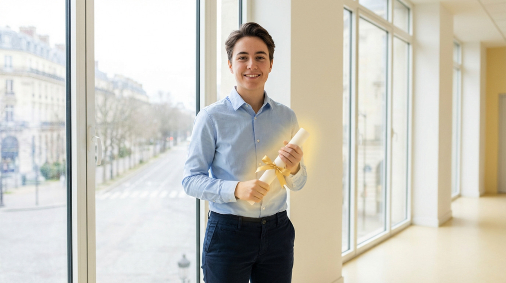 Young adult holding glowing diploma, smiling confidently in a bright modern hallway with blurred Parisian city view.