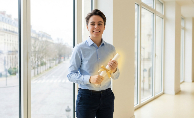 Young adult holding glowing diploma, smiling confidently in a bright modern hallway with blurred Parisian city view.