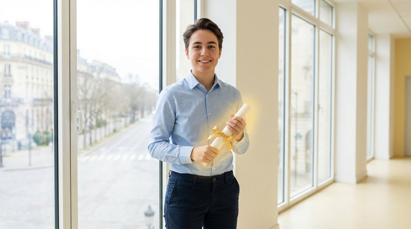 Young adult holding glowing diploma, smiling confidently in a bright modern hallway with blurred Parisian city view.