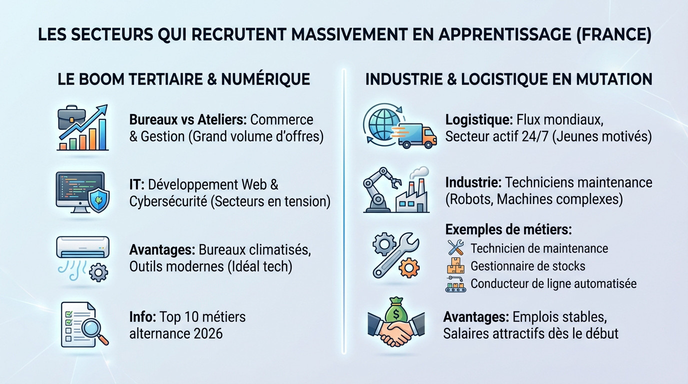 Graphique illustrant les secteurs qui recrutent le plus en apprentissage, notamment le tertiaire et l'industrie