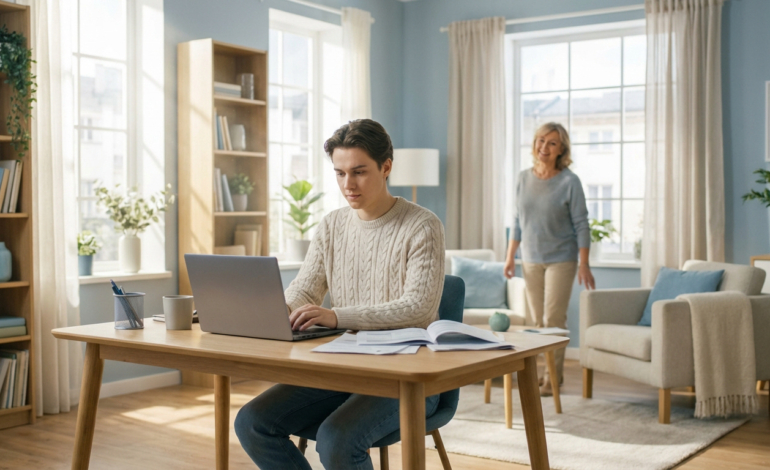Jeune homme travaillant sur ordinateur portable, une femme souriante le regarde avec bienveillance. Scène de soutien parental.