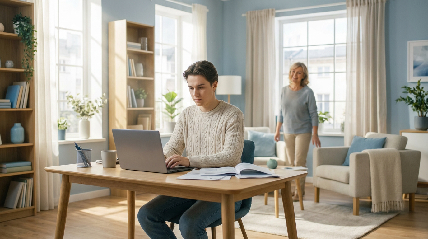 Jeune homme travaillant sur ordinateur portable, une femme souriante le regarde avec bienveillance. Scène de soutien parental.