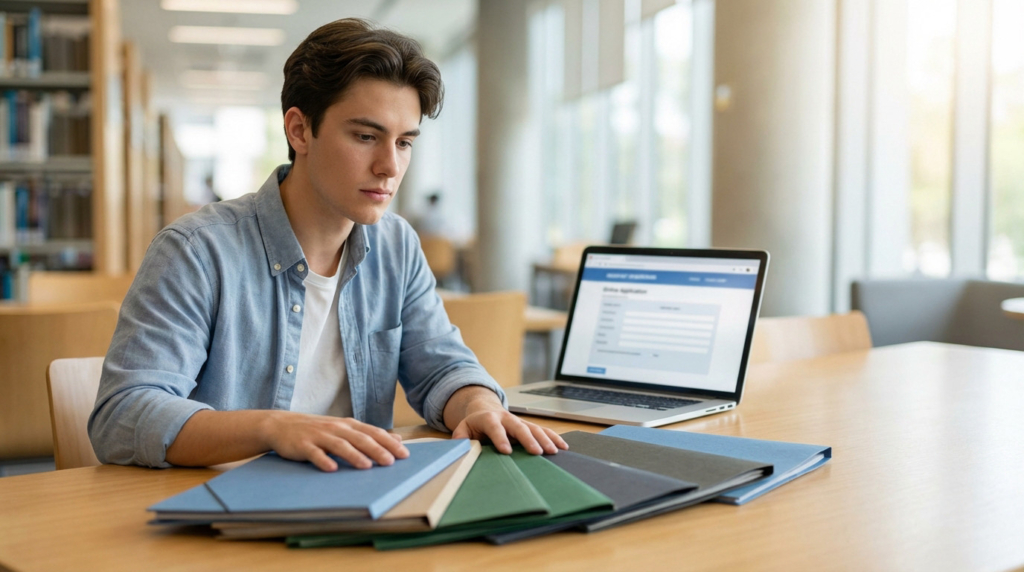 Focused young adult at a desk with application folders and a laptop displaying an online form, strategically planning their future.