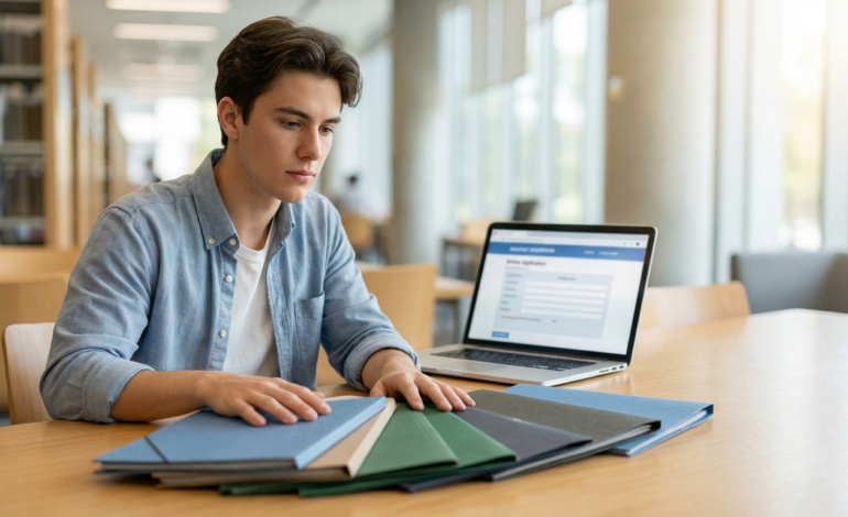 Focused young adult at a desk with application folders and a laptop displaying an online form, strategically planning their future.