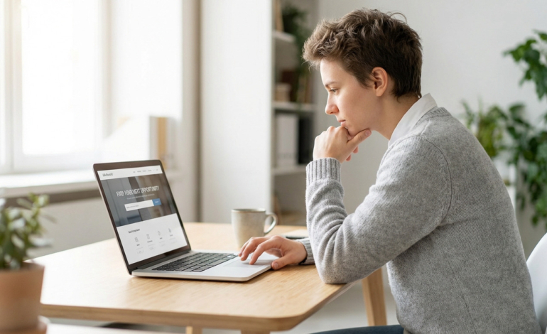 Young adult in smart casual wear, focused on a laptop displaying a job search interface in a warm, contemporary office.