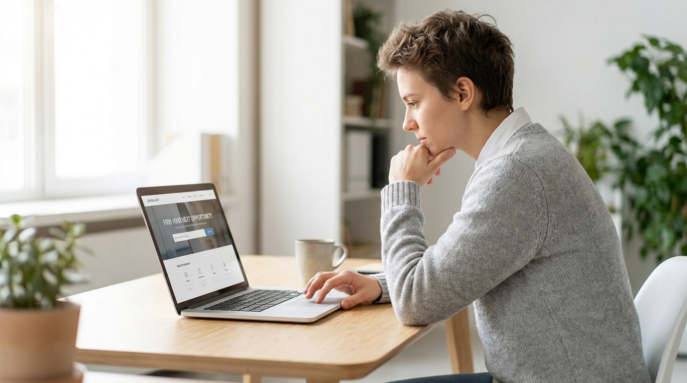 Young adult in smart casual wear, focused on a laptop displaying a job search interface in a warm, contemporary office.