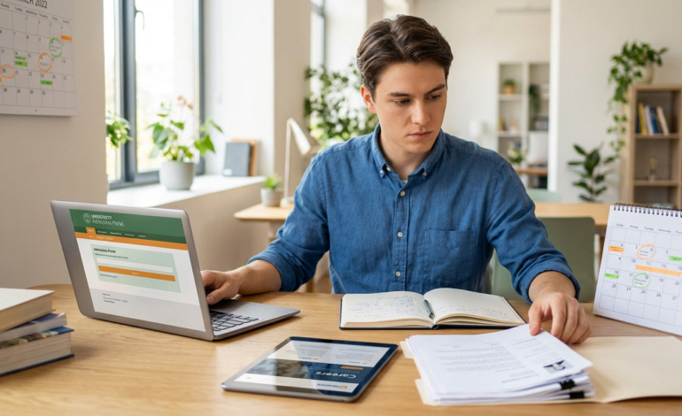 Focused young adult adeptly manages dual applications for higher education and apprenticeships on laptop, tablet, and documents.