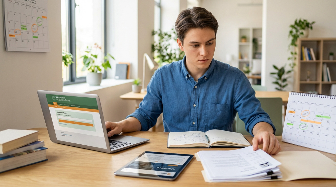 Focused young adult adeptly manages dual applications for higher education and apprenticeships on laptop, tablet, and documents.