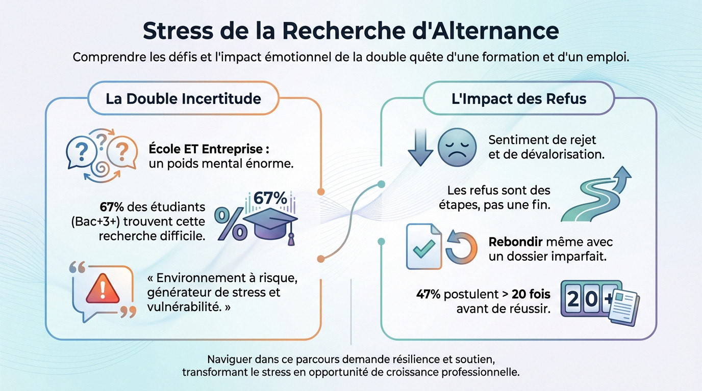 Jeune étudiant stressé face à son ordinateur cherchant une alternance