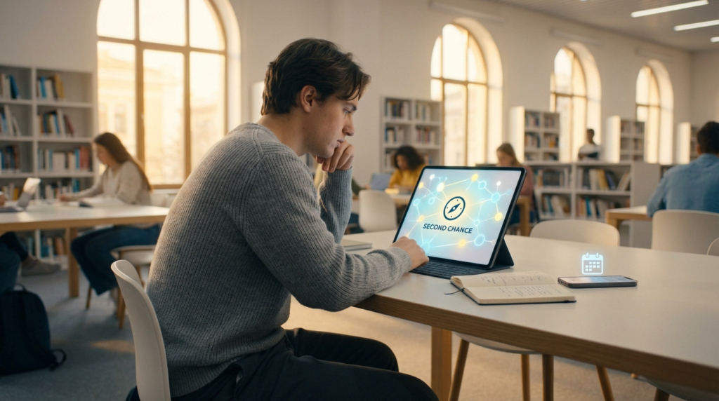 Young student views a tablet showing "SECOND CHANCE" options in a bright library. A calendar icon hints at planning.