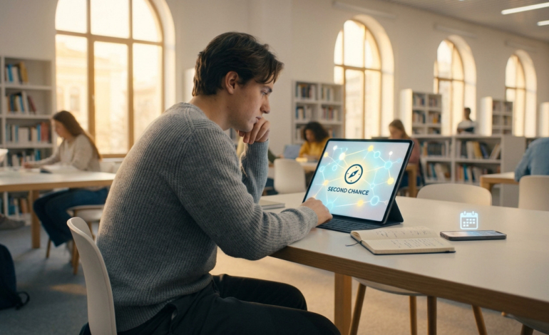 Young student views a tablet showing "SECOND CHANCE" options in a bright library. A calendar icon hints at planning.