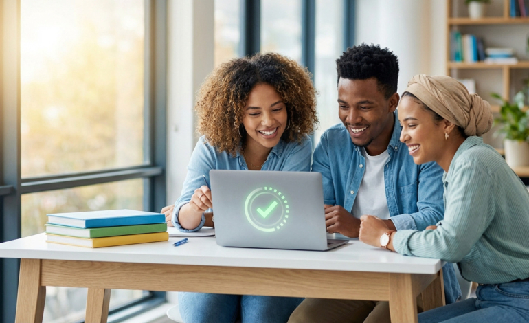 Three diverse students smiling at a laptop with a success icon. One points. Bright, organized study space with natural light.