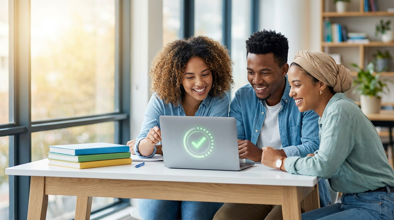 Three diverse students smiling at a laptop with a success icon. One points. Bright, organized study space with natural light.
