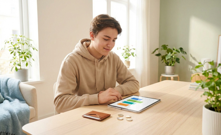 Un jeune homme en sweat-shirt beige consulte un budget coloré sur une tablette numérique, avec un portefeuille et des pièces sur la table.