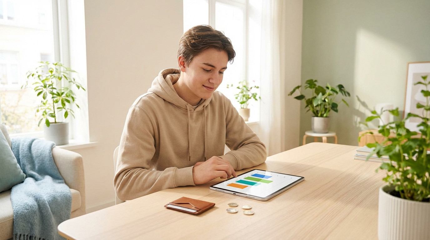 Un jeune homme en sweat-shirt beige consulte un budget coloré sur une tablette numérique, avec un portefeuille et des pièces sur la table.