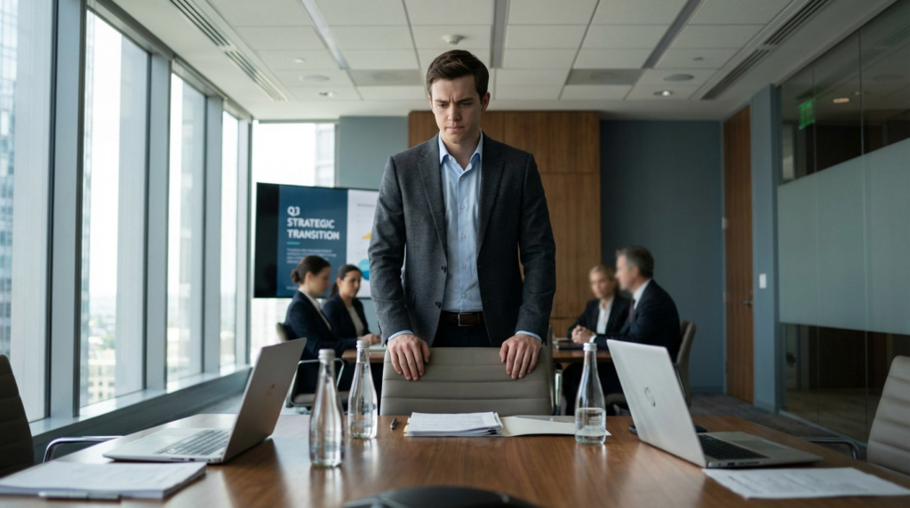 Jeune homme concentré en costume, debout à une table de réunion moderne avec des collègues et un écran "Strategic Transition".