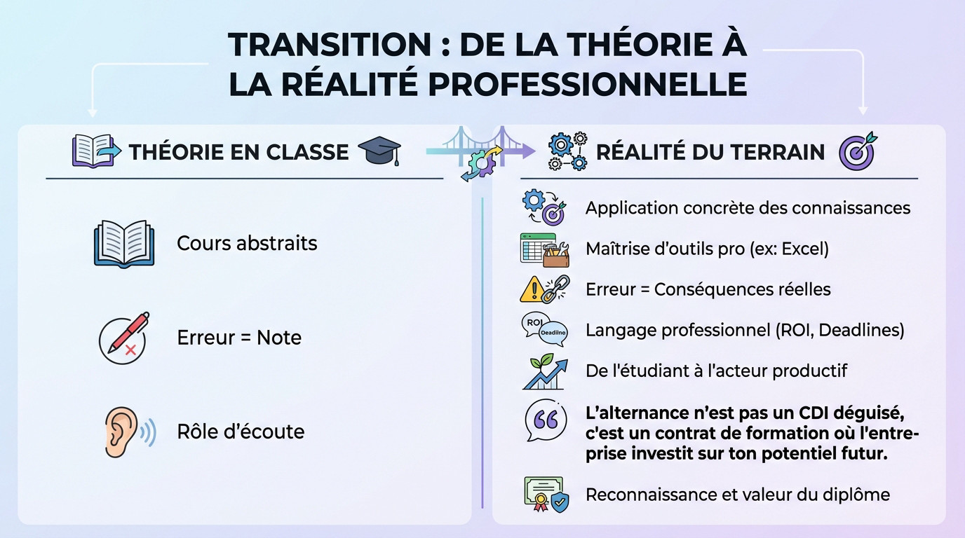 Étudiant en alternance passant de la théorie à la pratique en entreprise