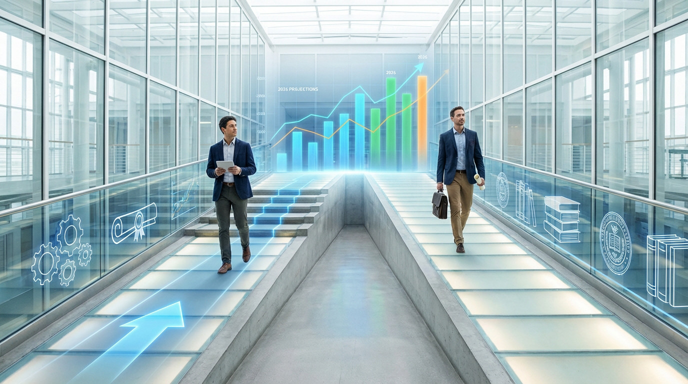 Deux hommes progressent sur des chemins de carrière distincts, avec graphiques, icônes d'étude et d'emploi. Symbolise l'alternance vers le succès.