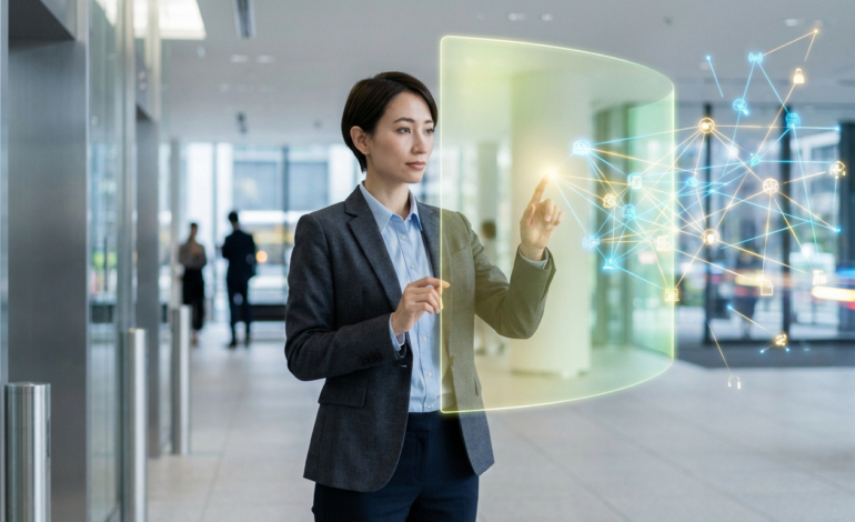 Young professional interacts with glowing holographic screen showing interconnected network, revealing opportunities in modern office.