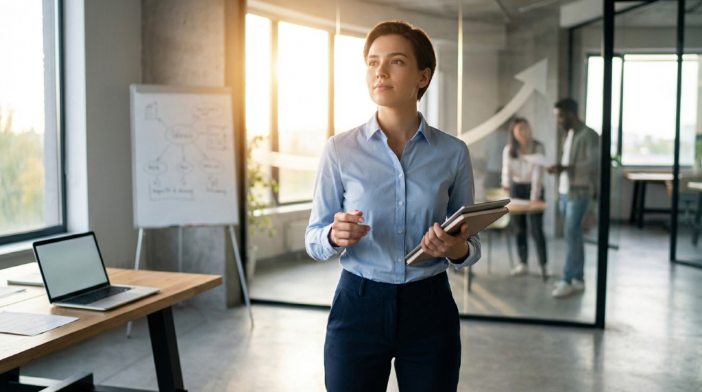 Jeune femme professionnelle confiante, chemise bleue, tenant des carnets, dans un bureau moderne et ensoleillé avec collègues.