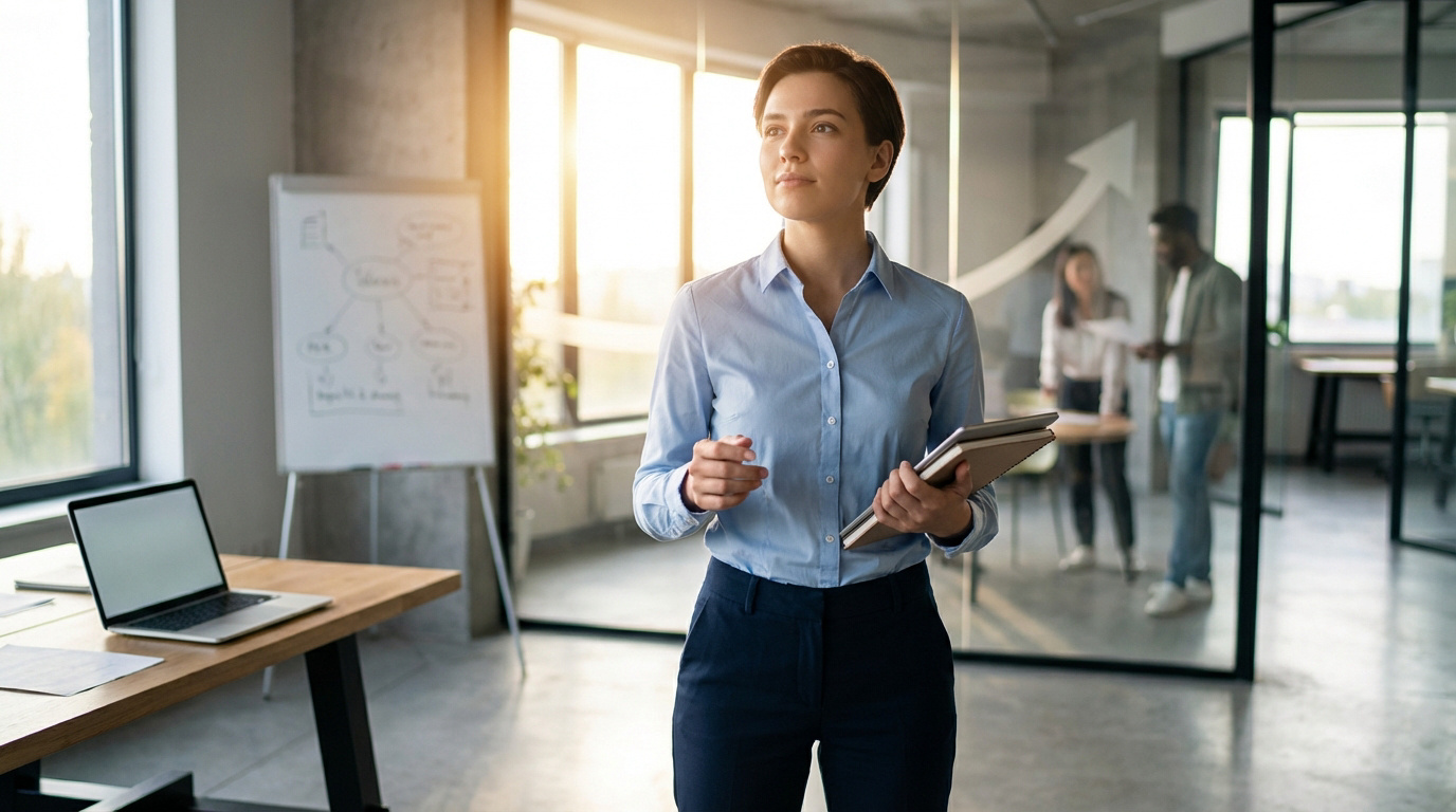 Jeune femme professionnelle confiante, chemise bleue, tenant des carnets, dans un bureau moderne et ensoleillé avec collègues.