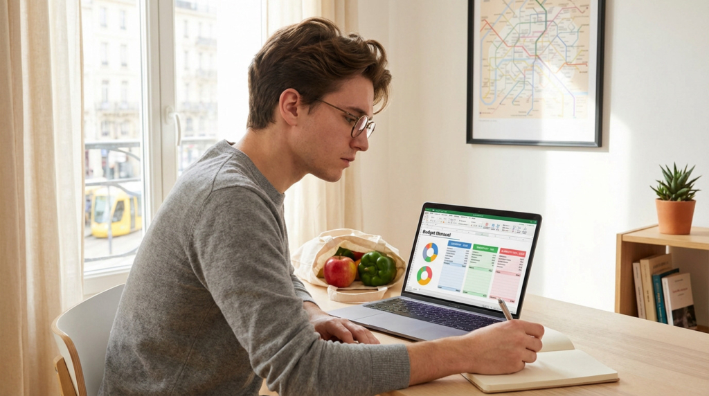 Un étudiant en lunettes gère son budget sur un ordinateur portable, écrivant dans un carnet, avec des fruits et légumes à côté.