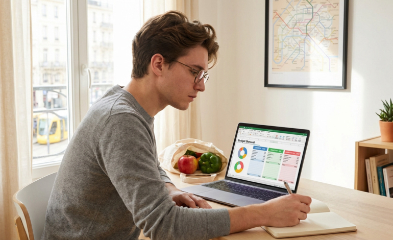 Un étudiant en lunettes gère son budget sur un ordinateur portable, écrivant dans un carnet, avec des fruits et légumes à côté.