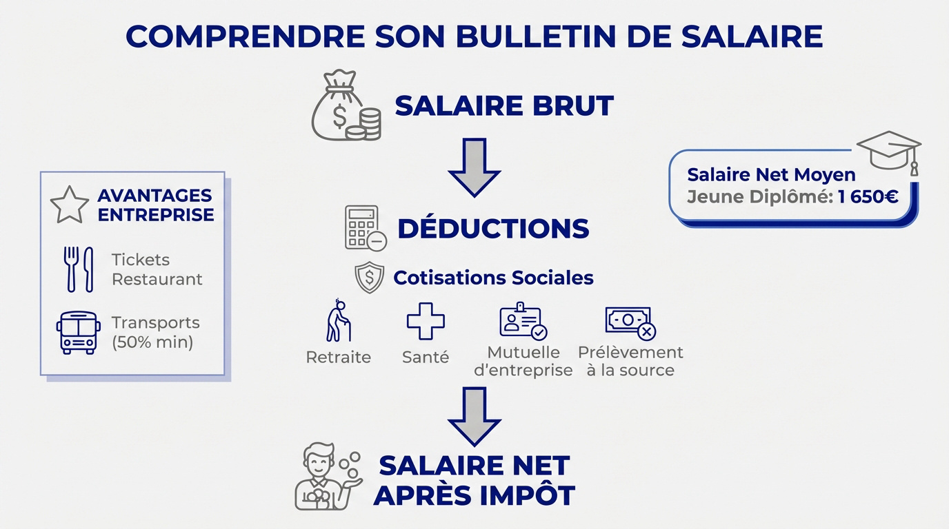 Jeune alternant qui regarde son bulletin de salaire avec attention
