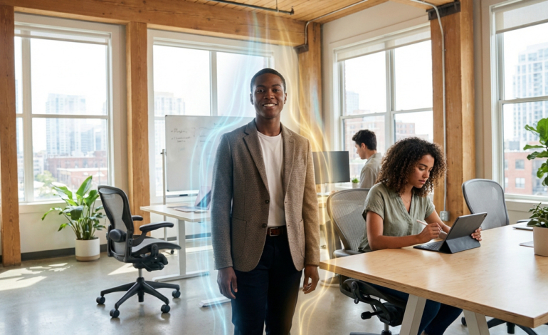 Jeune homme souriant au centre d'un bureau moderne, entouré d'une aura lumineuse. Des collègues travaillent en arrière-plan.