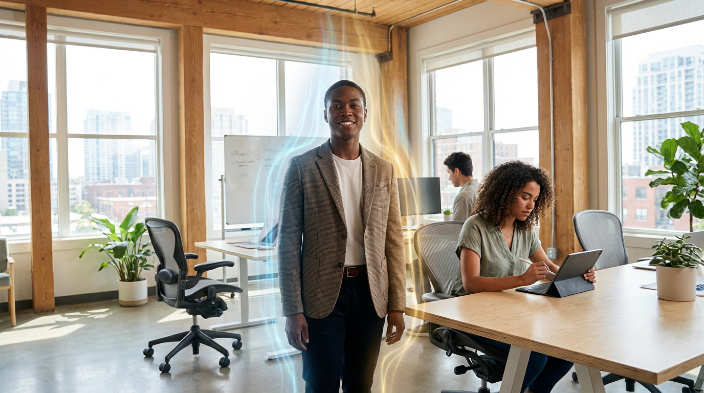 Jeune homme souriant au centre d'un bureau moderne, entouré d'une aura lumineuse. Des collègues travaillent en arrière-plan.
