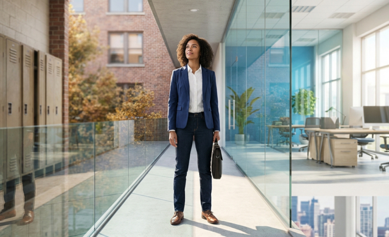 Une femme en tenue professionnelle, mallette à la main, sur une passerelle entre un couloir de casiers et un bureau vitré.