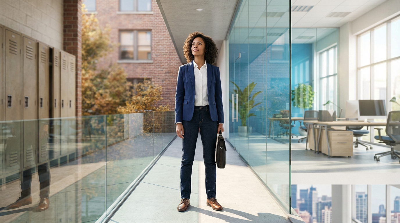 Femme en blazer et jeans sur une passerelle. À gauche, casiers scolaires; à droite, bureau moderne. Elle symbolise la transition pro.