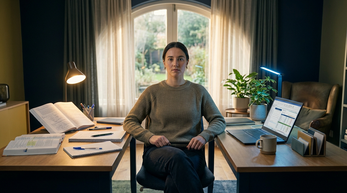 Jeune femme fixant l'objectif, assise à un bureau combinant livres et ordinateur, symbolisant l'alternance.